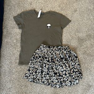 Brandy Melville set of two short sleeve, brown alien shirt, and sunflower skirt
